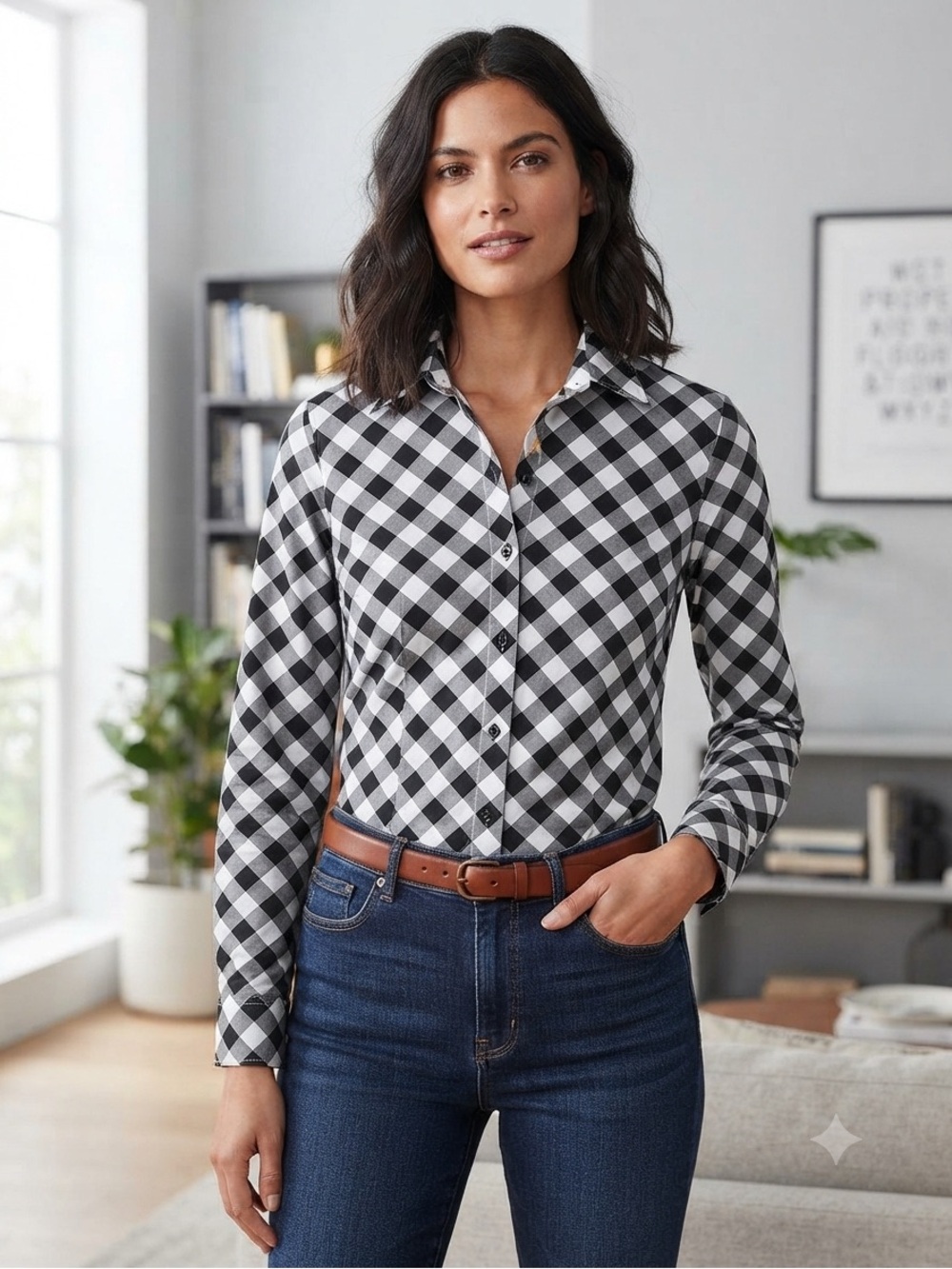 Foxcroft Black and White Buffalo Check Button-Down Shirt, Women’s Size Medium